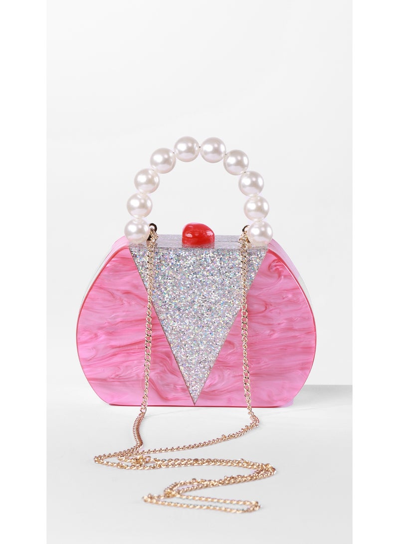 كيفيلي حقيبة كلتش وردية بمقبض لؤلؤي - Image 4